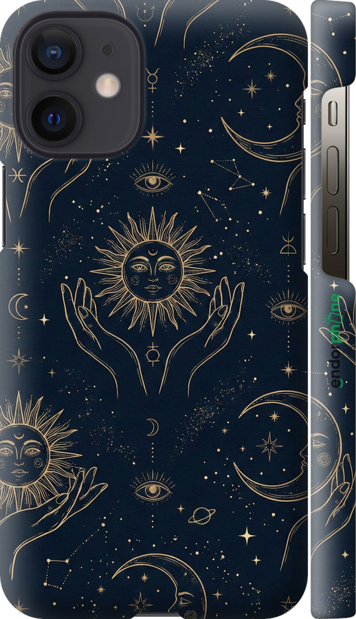 3D пластиковый глянцевый чехол Celestial Harmony: Sun & Moon Gold Mystic Pattern для Apple iPhone 12 Mini - 6778c-2071 изображение 