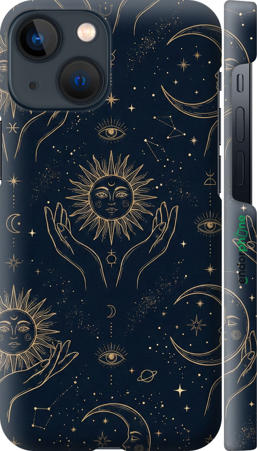 3D пластиковий матовий чехол Celestial Harmony: Sun & Moon Gold Mystic Pattern для Apple iPhone 13 Mini - 6778m-2373 изображение 