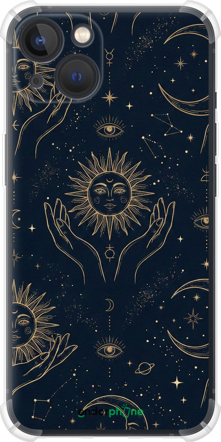 Силикон с усиленными углами чехол Celestial Harmony: Sun & Moon Gold Mystic Pattern для Apple iPhone 13 - 6778sp-2374 изображение 