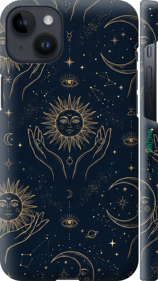 3D пластиковый матовый чехол Celestial Harmony: Sun & Moon Gold Mystic Pattern для Apple iPhone 14 Plus - 6778m-2645 изображение 