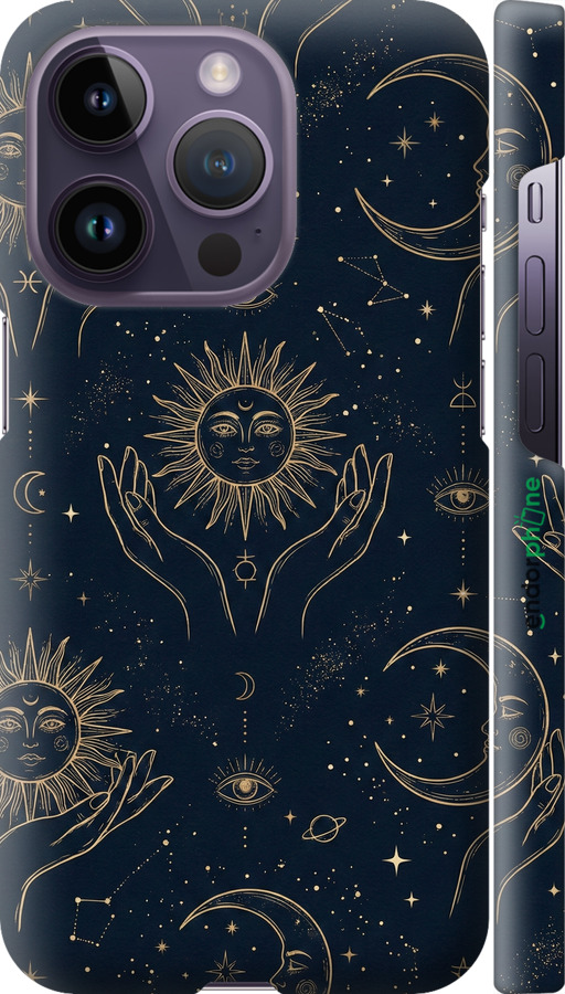 3D пластиковый матовый чехол Celestial Harmony: Sun & Moon Gold Mystic Pattern для Apple iPhone 14 Pro - 6778m-2646 изображение 