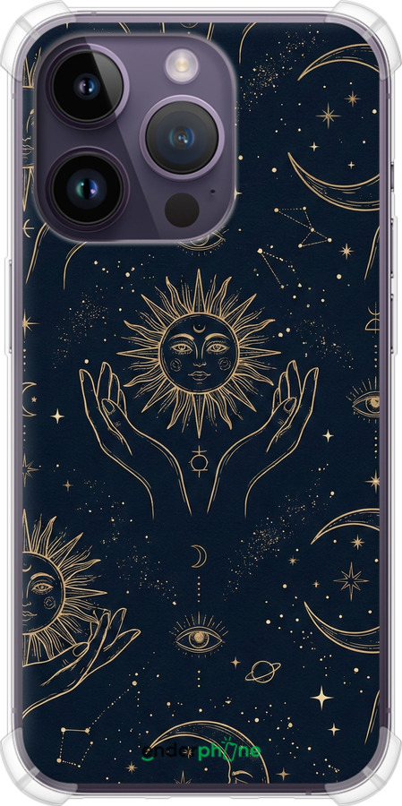 Силикон с усиленными углами чехол Celestial Harmony: Sun & Moon Gold Mystic Pattern для Apple iPhone 14 Pro - 6778sp-2646 изображение 