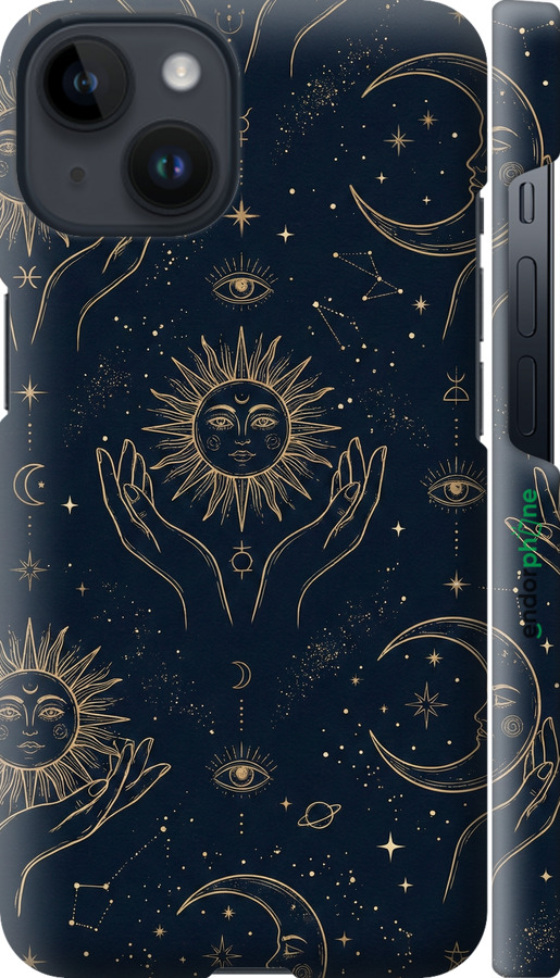 3D пластиковый матовый чехол Celestial Harmony: Sun & Moon Gold Mystic Pattern для Apple iPhone 14 - 6778m-2648 изображение 