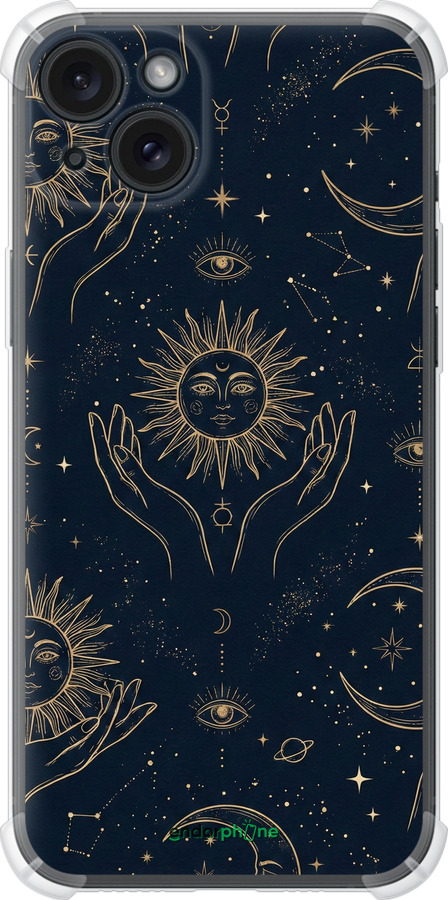 Силикон с усиленными углами чехол Celestial Harmony: Sun & Moon Gold Mystic Pattern для Apple iPhone 15 Plus - 6778sp-3097 изображение 