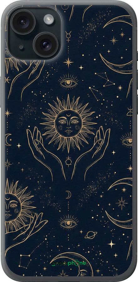 Силиконовый чехол Celestial Harmony: Sun & Moon Gold Mystic Pattern для Apple iPhone 15 Plus - 6778u-3097 изображение 