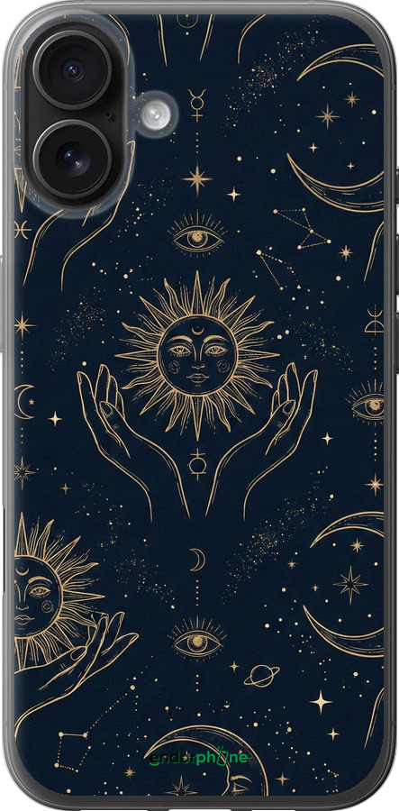 Силиконовый чехол Celestial Harmony: Sun & Moon Gold Mystic Pattern для Apple iPhone 16 Plus - 6778u-3714 изображение 