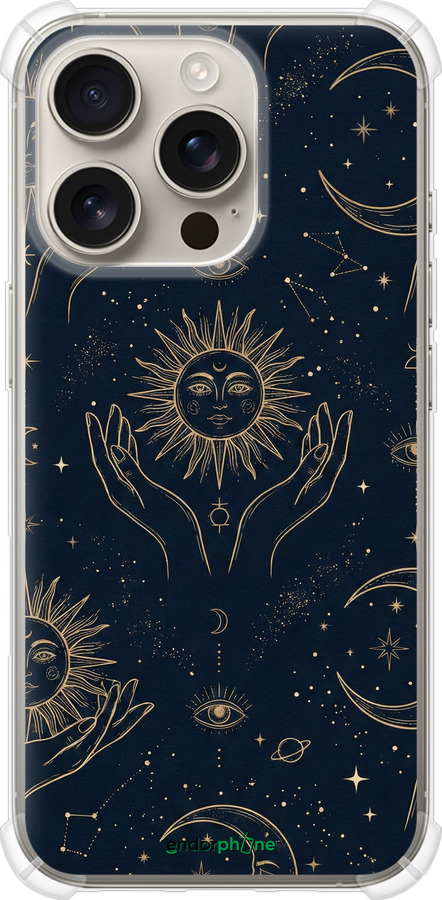 Силикон с усиленными углами чехол Celestial Harmony: Sun & Moon Gold Mystic Pattern для Apple iPhone 16 Pro - 6778sp-3708 изображение 