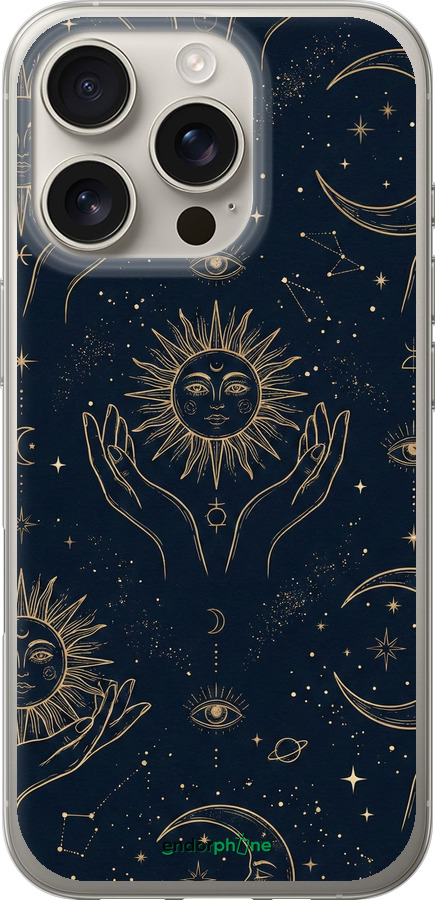 Силиконовый чехол Celestial Harmony: Sun & Moon Gold Mystic Pattern для Apple iPhone 16 Pro - 6778u-3708 изображение 