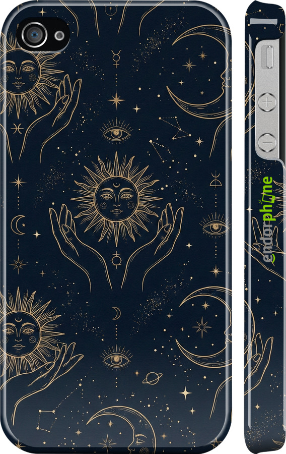 3D пластиковый глянцевый чехол Celestial Harmony: Sun & Moon Gold Mystic Pattern для Apple iPhone 4 - 6778c-15 изображение 