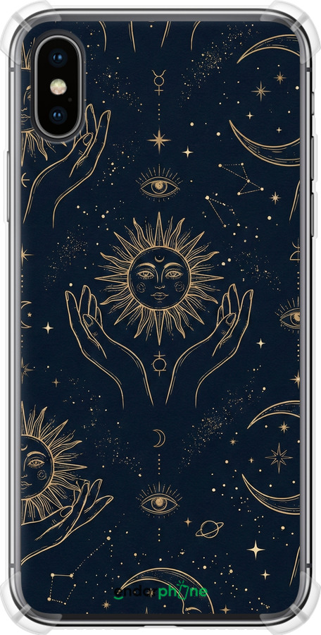 Силикон с усиленными углами чехол Celestial Harmony: Sun & Moon Gold Mystic Pattern для Apple iPhone X - 6778sp-1050 изображение 