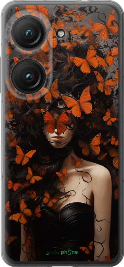 Силиконовый чехол Девушка с оранжевыми бабочками для Asus Zenfone 9 - 5941u-2842 изображение 