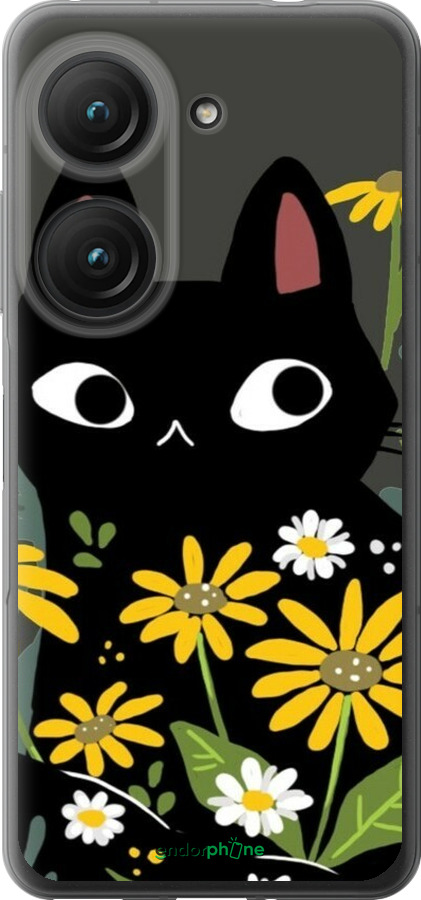 Силиконовый чехол Черный кот с цветами для Asus Zenfone 9 - 6448u-2842 изображение 