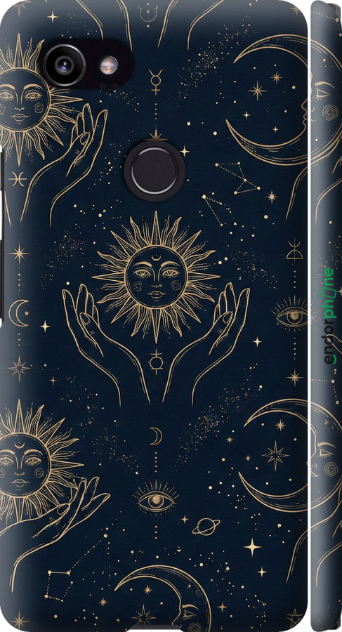 3D пластиковый матовый чехол Celestial Harmony: Sun & Moon Gold Mystic Pattern для Google PixeL 2 XL - 6778m-1643 изображение 