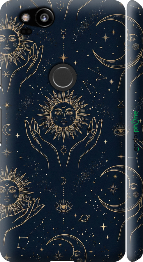 3D пластиковый матовый чехол Celestial Harmony: Sun & Moon Gold Mystic Pattern для Google Pixel 2 - 6778m-1075 изображение 