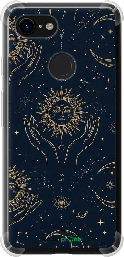 Силикон с усиленными углами чехол Celestial Harmony: Sun & Moon Gold Mystic Pattern для Google Pixel 3 - 6778sp-1528 изображение 