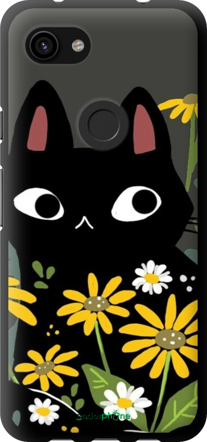 TPU чехол Чорний кіт з квітами для Google Pixel 3a - 6448b-1700 изображение 