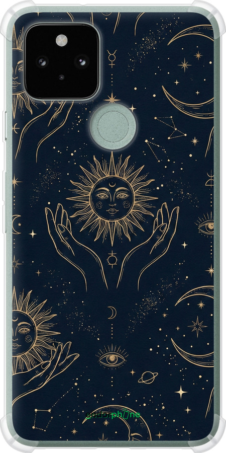 Силикон с усиленными углами чехол Celestial Harmony: Sun & Moon Gold Mystic Pattern для Google Pixel 5 - 6778sp-2044 изображение 