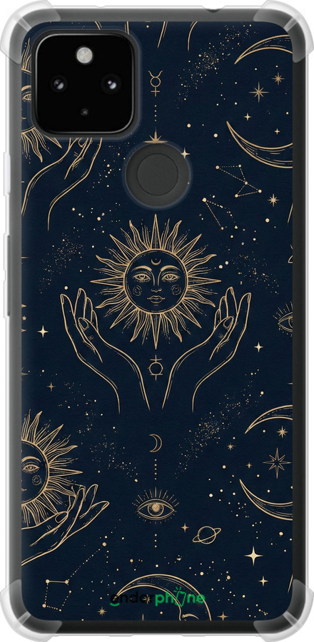 Силикон с усиленными углами чехол Celestial Harmony: Sun & Moon Gold Mystic Pattern для Google Pixel 5A - 6778sp-2286 изображение 