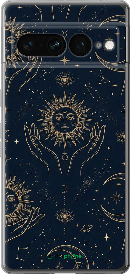 Силиконовый чехол Celestial Harmony: Sun & Moon Gold Mystic Pattern для Google Pixel 7 Pro - 6778u-3031 изображение 