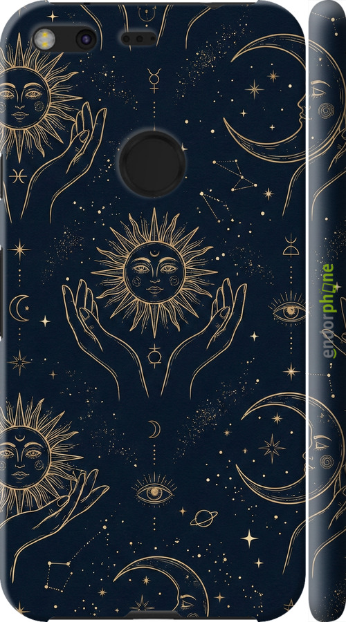 3D пластиковий матовий чехол Celestial Harmony: Sun & Moon Gold Mystic Pattern для Google Pixel XL - 6778m-401 изображение 