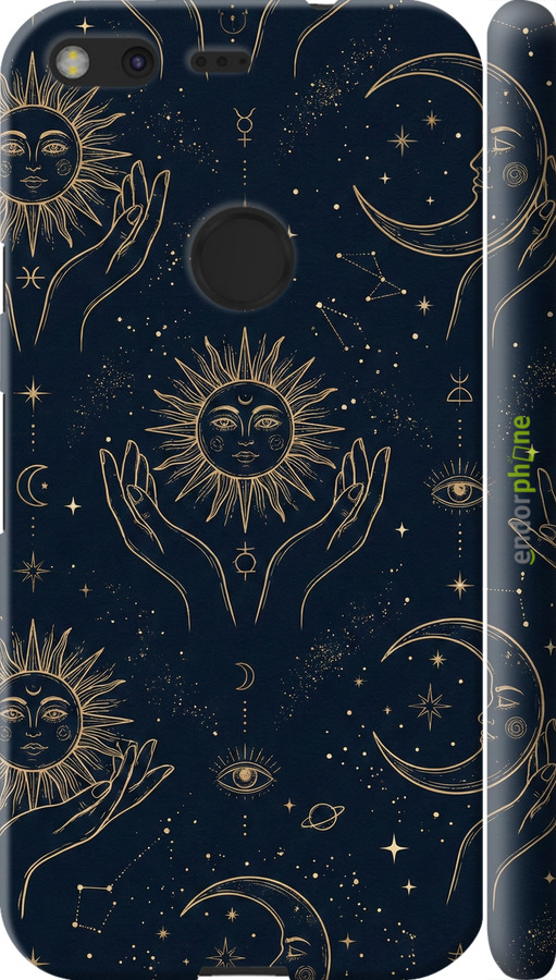 3D пластиковый матовый чехол Celestial Harmony: Sun & Moon Gold Mystic Pattern для Google Pixel - 6778m-400 изображение 
