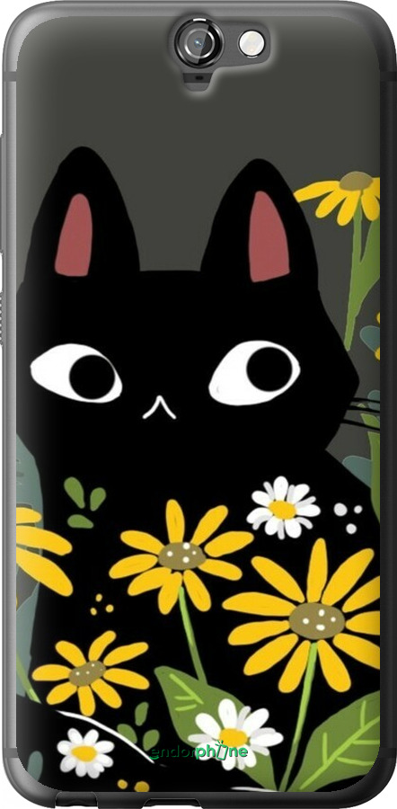 Силиконовый чехол Черный кот с цветами для HTC One A9 - 6448u-156 изображение 