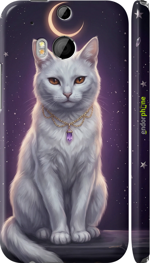 3D пластиковый глянцевый чехол Mystic White Cat Gothic Dark Purple Gold для HTC One M8 - 6805c-30 изображение 