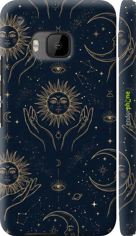 3D пластиковый глянцевый чехол Celestial Harmony: Sun & Moon Gold Mystic Pattern для HTC One M9 - 6778c-129 изображение 