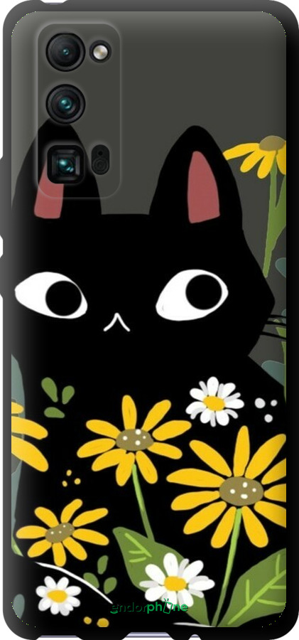TPU чехол Чорний кіт з квітами для Huawei Honor 30 Pro - 6448b-1920 изображение 