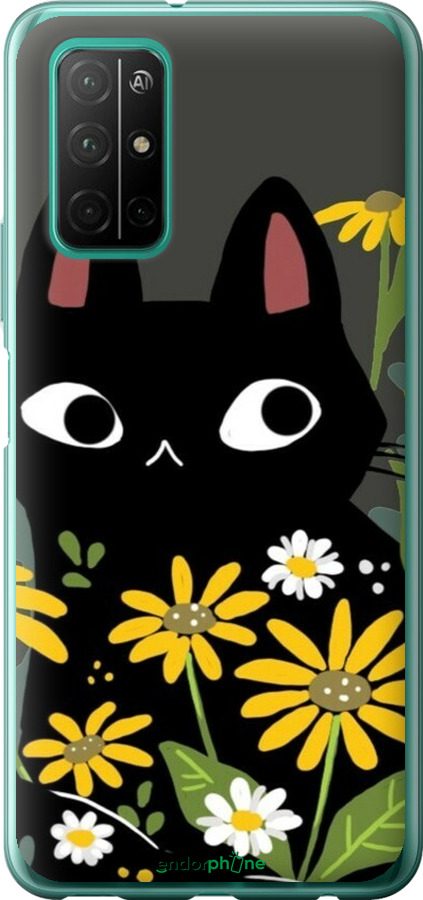 Силиконовый чехол Черный кот с цветами для Huawei Honor 30S - 6448u-1897 изображение 