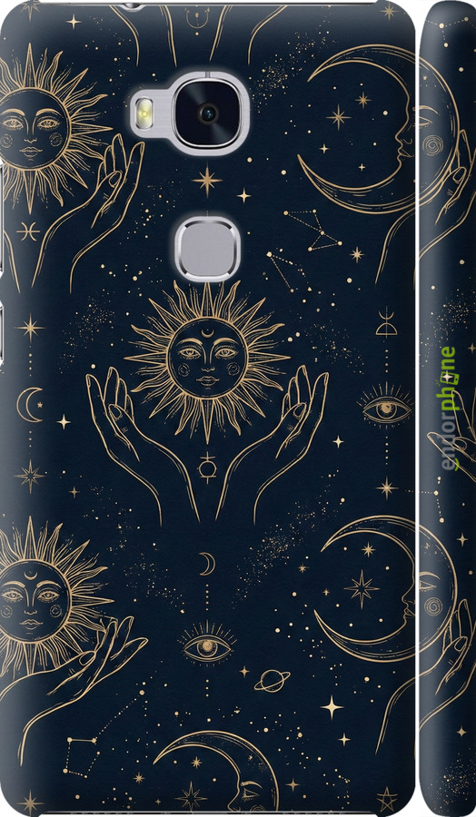 3D пластиковый матовый чехол Celestial Harmony: Sun & Moon Gold Mystic Pattern для Huawei Honor 5X - 6778m-176 изображение 
