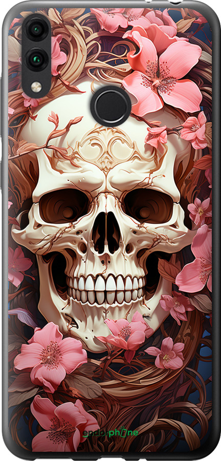 Силіконовий чехол Череп у рожевих квітах для Huawei Honor 8C - 5965u-1590 изображение 