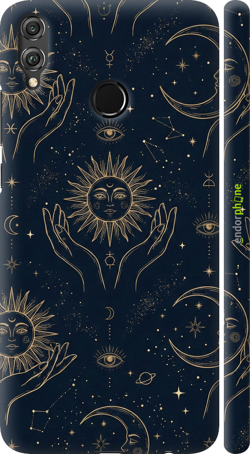 3D пластиковый матовый чехол Celestial Harmony: Sun & Moon Gold Mystic Pattern для Huawei Honor 8X - 6778m-1596 изображение 