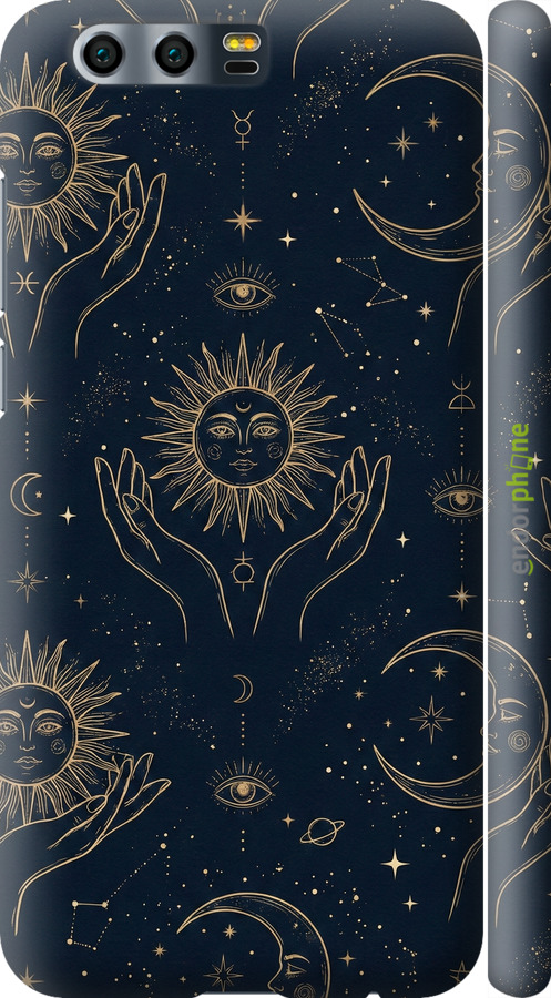 3D пластиковый матовый чехол Celestial Harmony: Sun & Moon Gold Mystic Pattern для Huawei Honor 9 - 6778m-998 изображение 