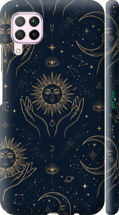 3D пластиковий матовий чехол Celestial Harmony: Sun & Moon Gold Mystic Pattern для Huawei P40 Lite - 6778m-1887 изображение 