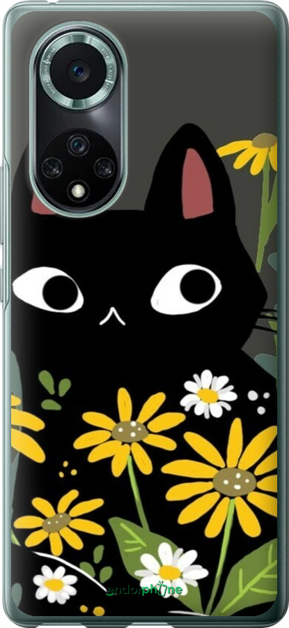 Силиконовый чехол Черный кот с цветами для Huawei Nova 9 Pro - 6448u-2503 изображение 