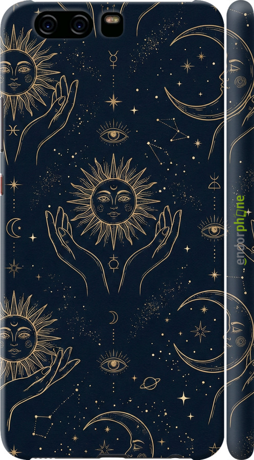 3D пластиковий матовий чехол Celestial Harmony: Sun & Moon Gold Mystic Pattern для Huawei P10 - 6778m-780 изображение 