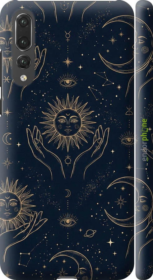 3D пластиковый матовый чехол Celestial Harmony: Sun & Moon Gold Mystic Pattern для Huawei P20 Pro - 6778m-1470 изображение 