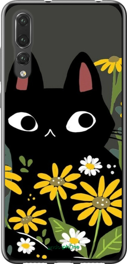 2D пластиковый чехол Черный кот с цветами для Huawei P20 Pro - 6448t-1470 изображение 