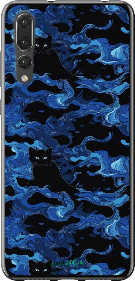 2D пластиковый чехол Абстрактный узор черных котов на синем фоне для Huawei P20 Pro - 6525t-1470 изображение 