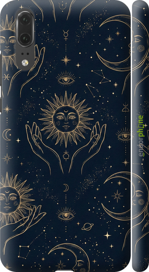 3D пластиковый матовый чехол Celestial Harmony: Sun & Moon Gold Mystic Pattern для Huawei P20 - 6778m-1396 изображение 