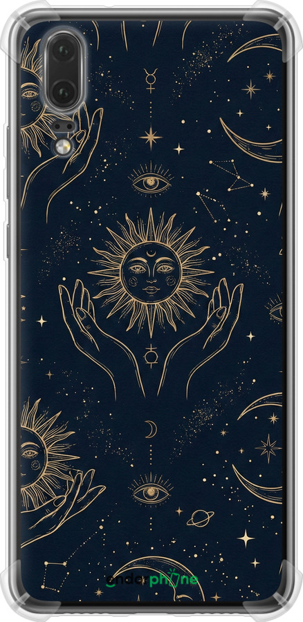 Силіконовий протиударний с посиленими кутами чехол Celestial Harmony: Sun & Moon Gold Mystic Pattern для Huawei P20 - 6778sp-1396 изображение 