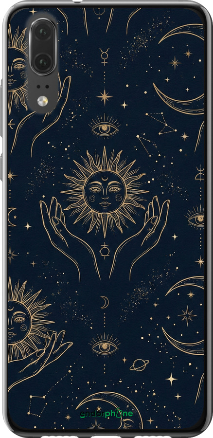 2D пластиковый чехол Celestial Harmony: Sun & Moon Gold Mystic Pattern для Huawei P20 - 6778t-1396 изображение 