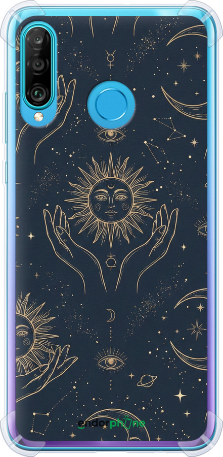 Силіконовий протиударний с посиленими кутами чехол Celestial Harmony: Sun & Moon Gold Mystic Pattern для Huawei P30 Lite - 6778sp-1651 изображение 