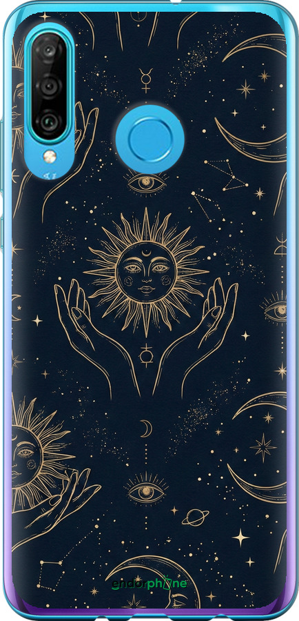 Силиконовый чехол Celestial Harmony: Sun & Moon Gold Mystic Pattern для Huawei P30 Lite - 6778u-1651 изображение 