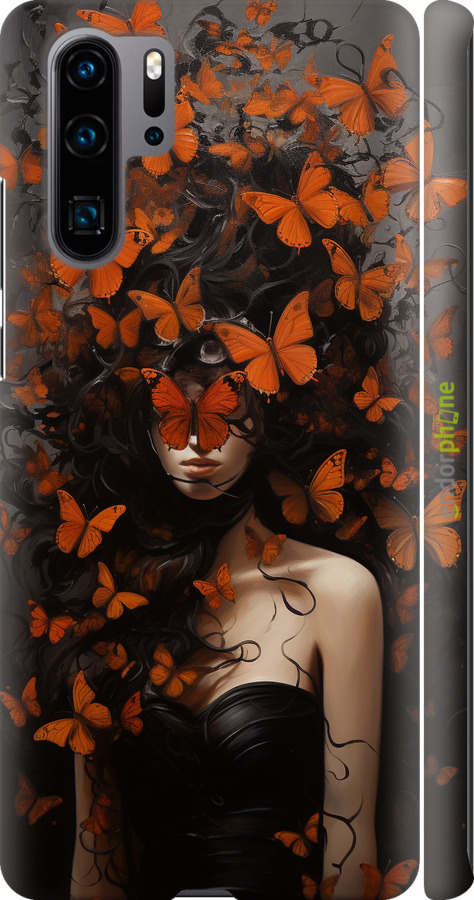3D пластиковый матовый чехол Девушка с оранжевыми бабочками для Huawei P30 Pro - 5941m-1621 изображение 