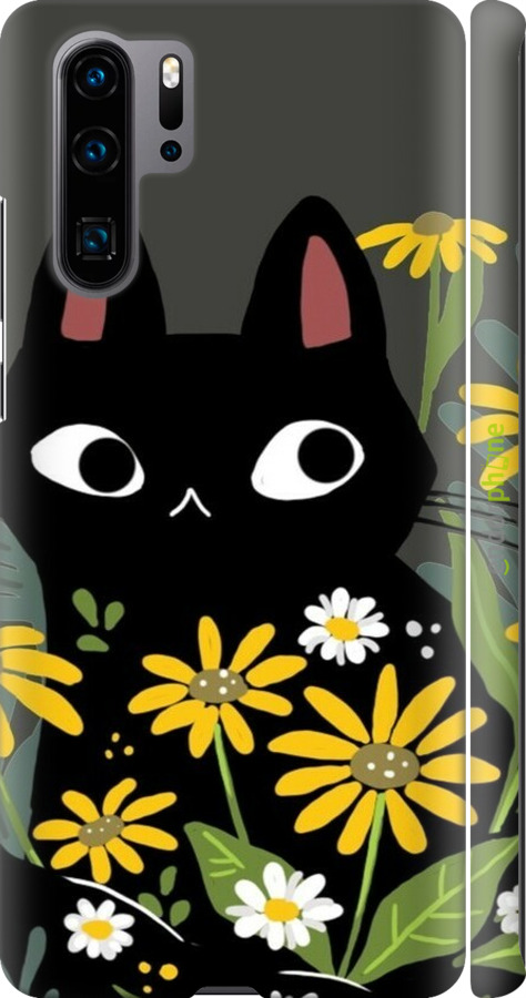 3D пластиковый матовый чехол Черный кот с цветами для Huawei P30 Pro - 6448m-1621 изображение 