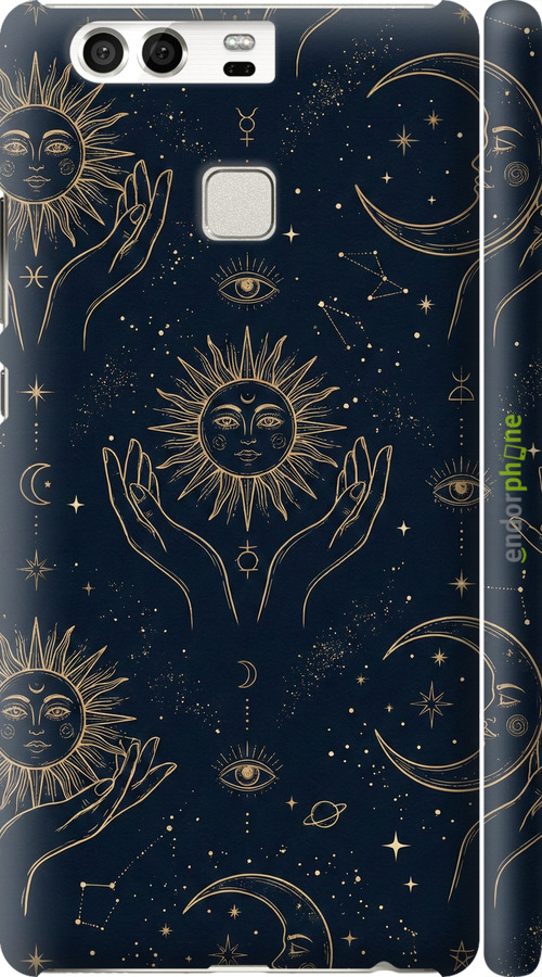 3D пластиковый матовый чехол Celestial Harmony: Sun & Moon Gold Mystic Pattern для Huawei P9 - 6778m-347 изображение 