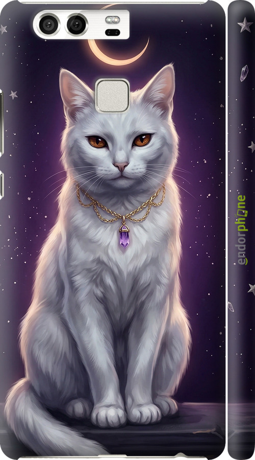 3D пластиковый глянцевый чехол Mystic White Cat Gothic Dark Purple Gold для Huawei P9 - 6805c-347 изображение 