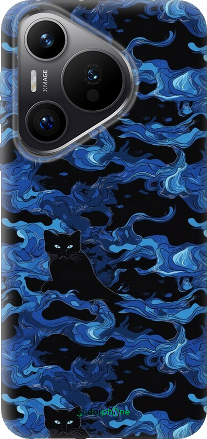 Силиконовый чехол Абстрактный узор черных котов на синем фоне для Huawei Pura 70 PRO - 6525u-3700 изображение 